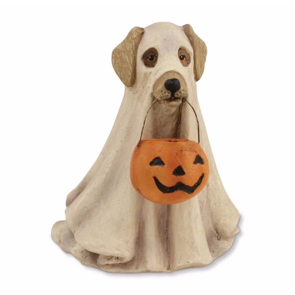 Bethany Lowe Spooky Halloween Ghost Dog with pumpkin Candy Bowl 3.5" Tall